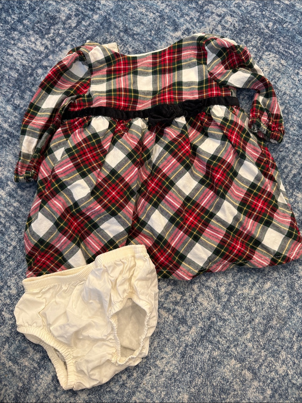 Carter's Red and Green Plaid Dress with Black Waist Bow and Cream Bloomers